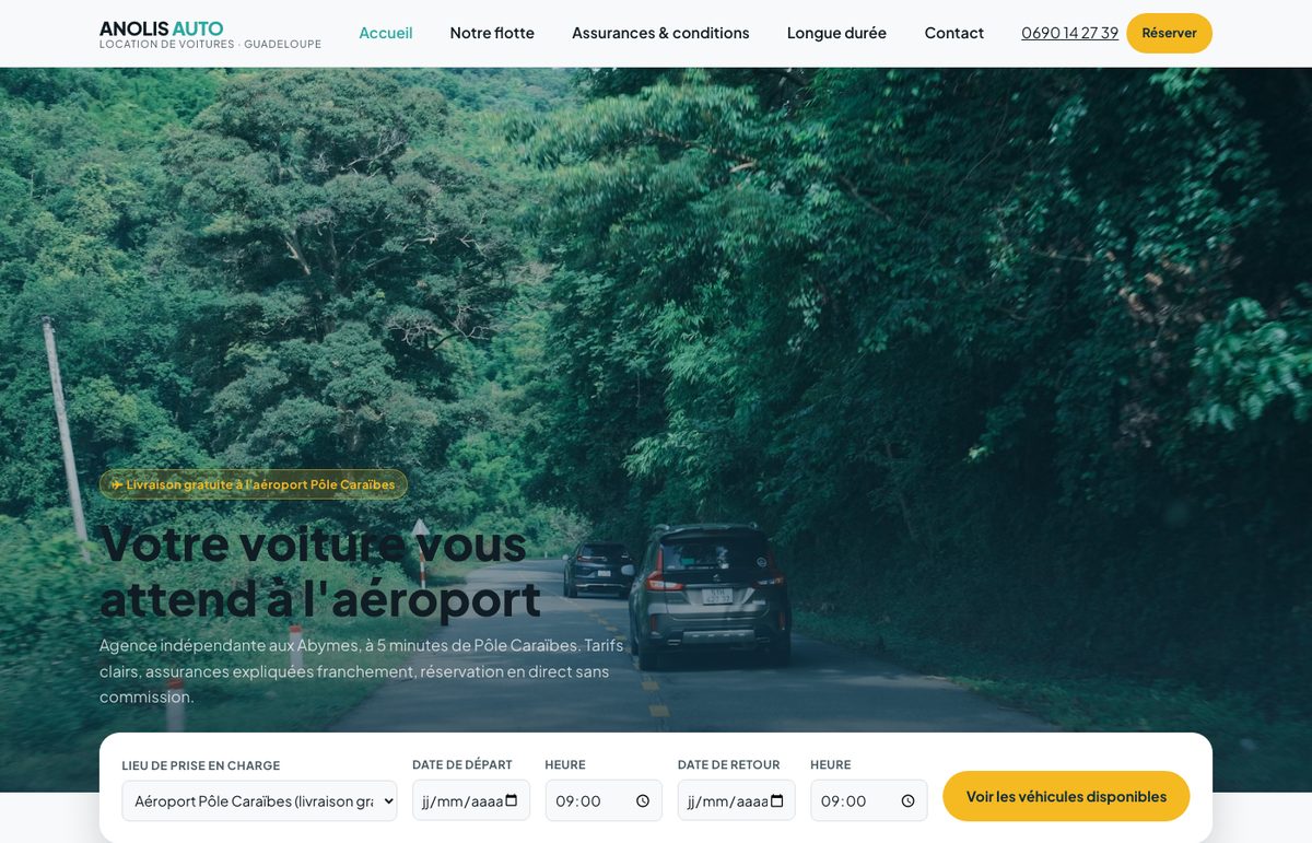 Capture d'écran du site d'Anolis Auto, location de voiture aux Abymes, Guadeloupe