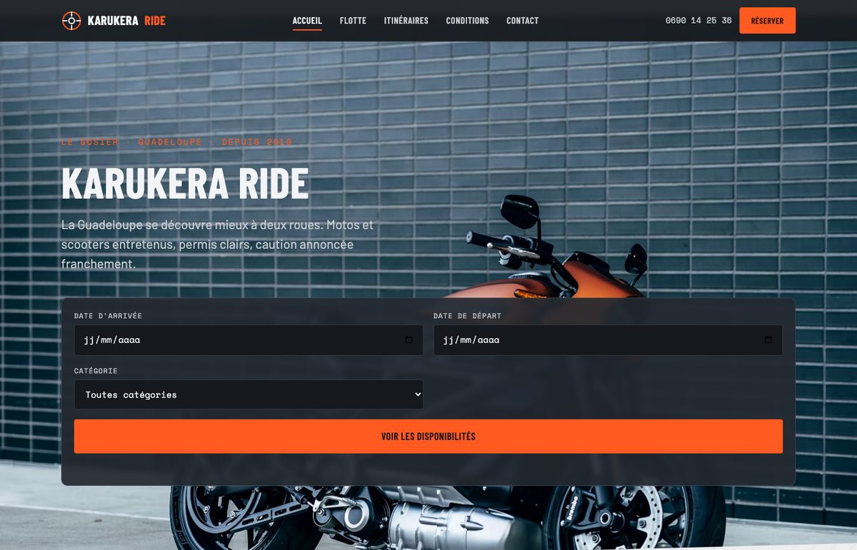 Capture d'écran du site de Karukera Ride, location de moto et scooter au Gosier, Guadeloupe