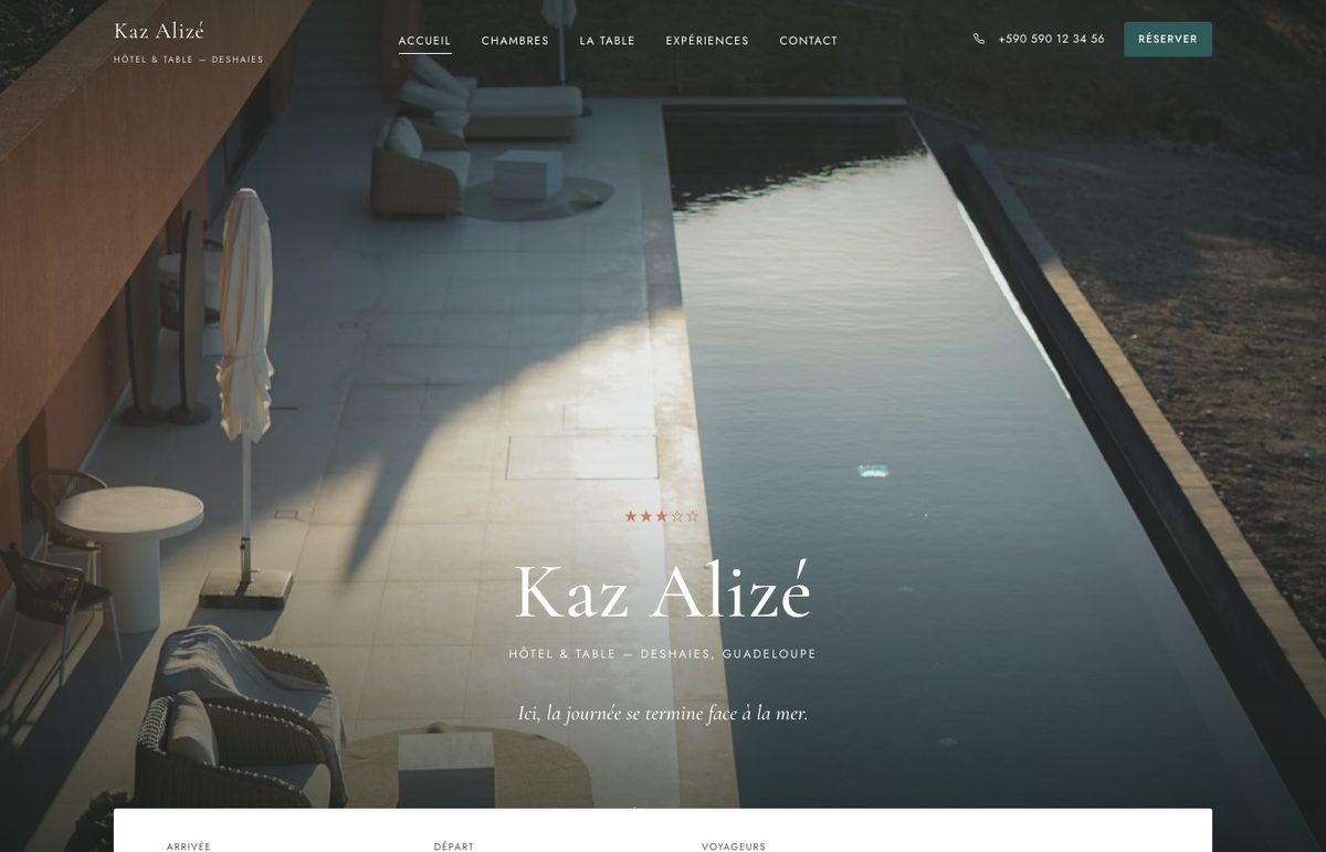 Capture d'écran du site de Kaz Alizé, hôtel de charme à Deshaies, Guadeloupe