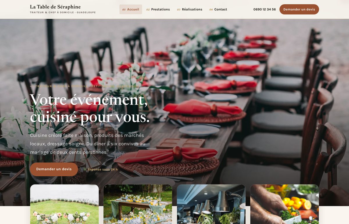 Capture d'écran du site de La Table de Séraphine, traiteur et chef à domicile à Petit-Bourg, Guadeloupe