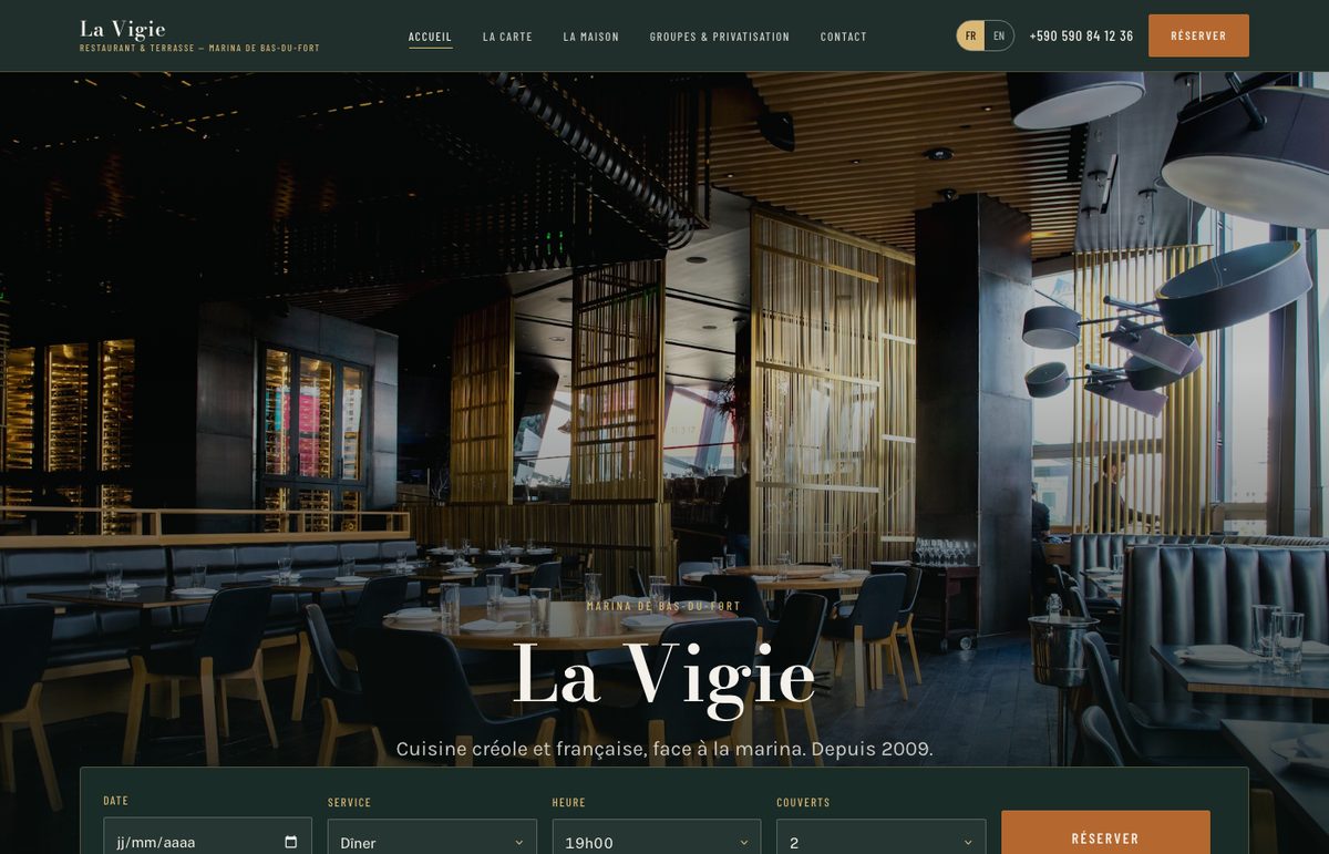 Capture d'écran du site de La Vigie, restaurant et terrasse à la Marina de Bas-du-Fort, Guadeloupe